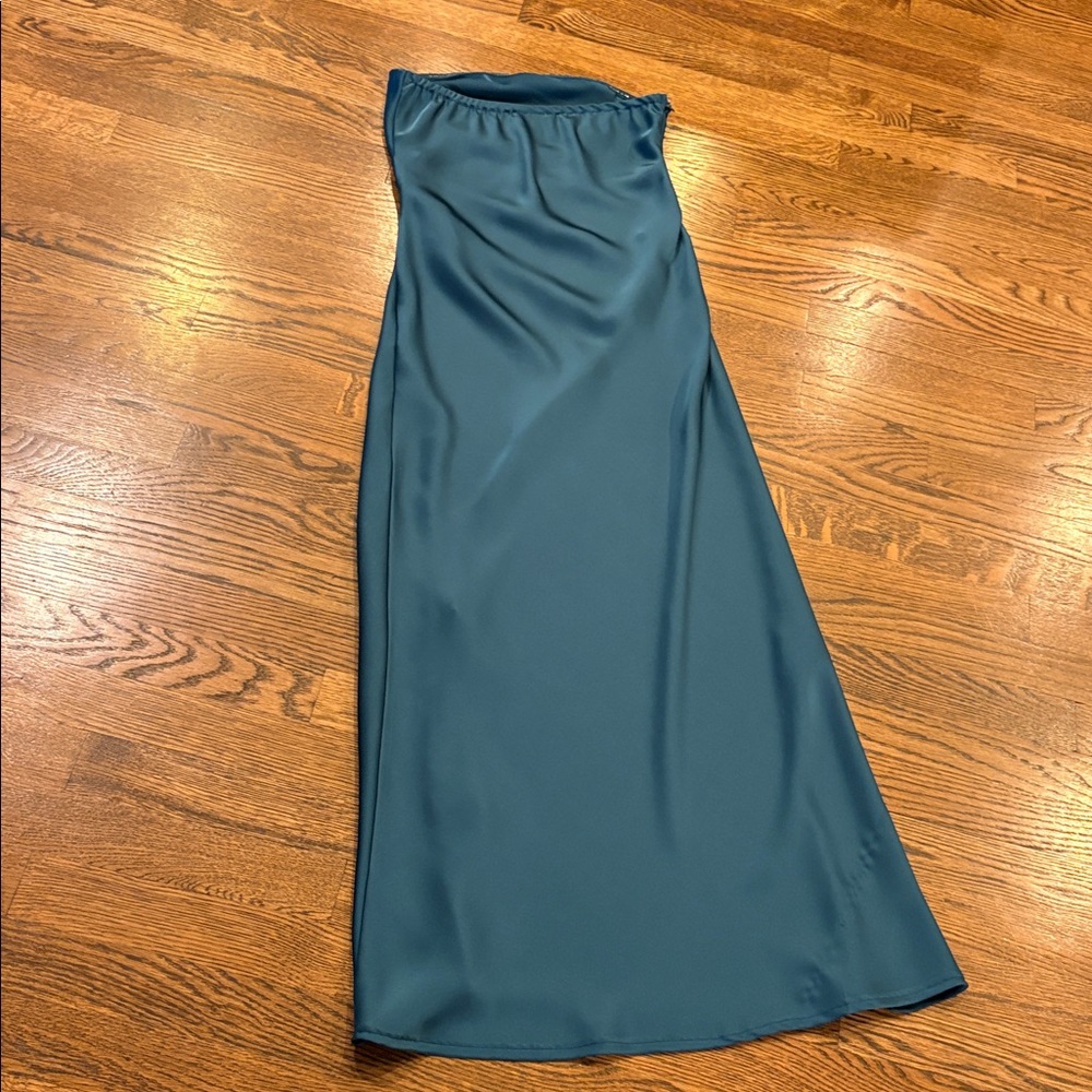 Hello Molly Teal Satin strapless midi dress with slit, 4 - Picture 3 of 3